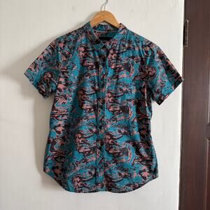 Wild Fang | The Essential Button Down Shirt in Teal, Pink and Black Swirl Large